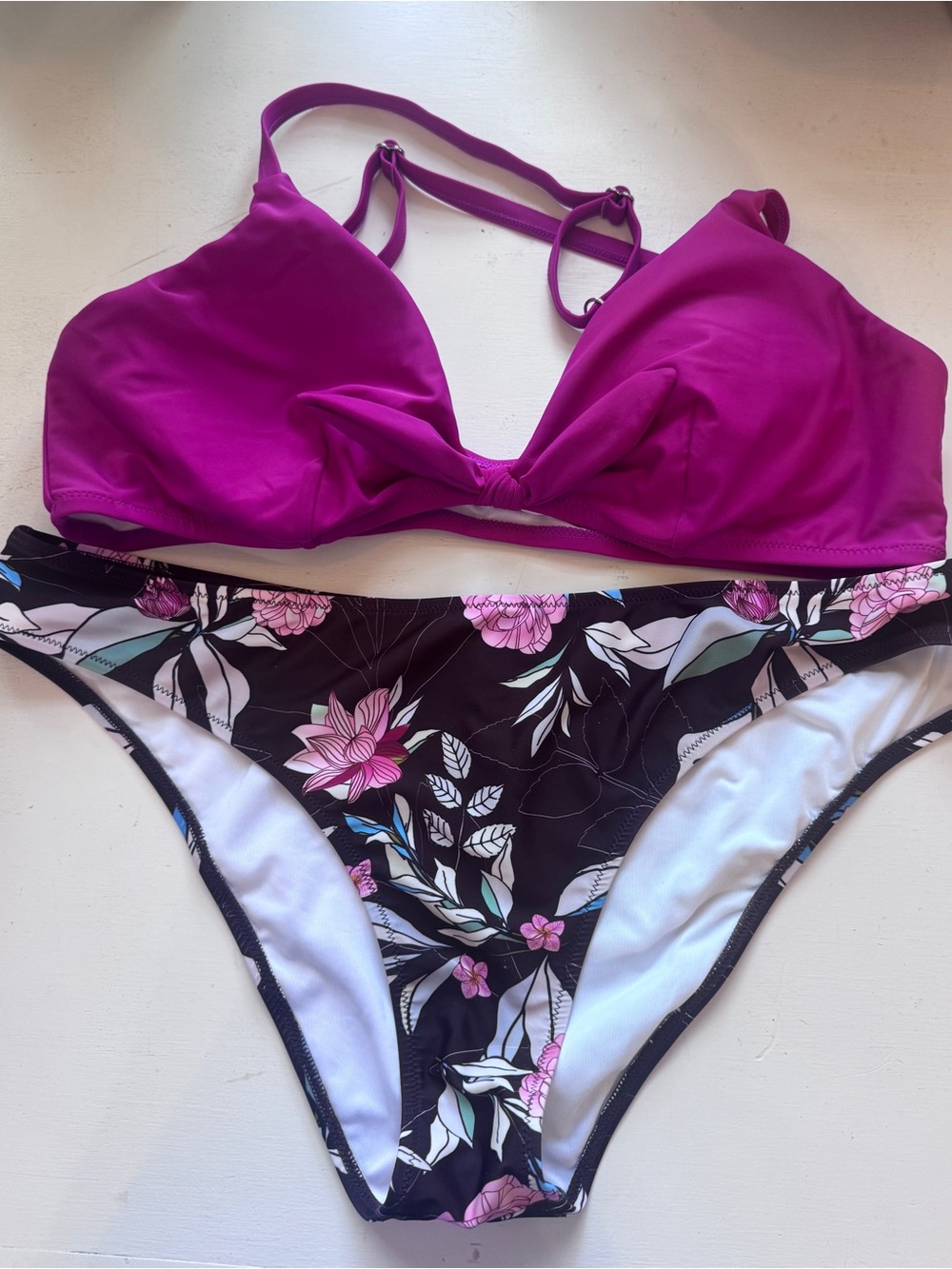 Cupshe Magenta Bikini Top with Black Floral Bottom Swim Set